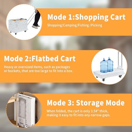 VECELO Foldable Shopping Cart with Wheels, Collapsible Rolling Crate for Groceries, Folding Storage Box with Handle, Three Modes of Use, Ideal for Teacher, Trip, Outdoors, Etc., 23GAL, White - Image 3