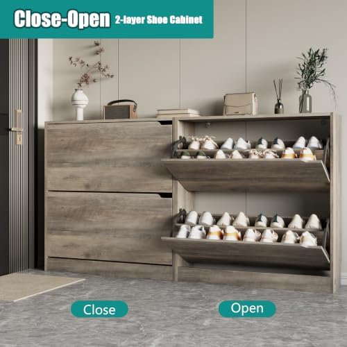 Xixini Shoe Storage Cabinet for Entryway with 2 Flip Drawers, Sturdy Wood Hidden Shoe Storage, Freestanding Narrow Slim Shoe Organizer for Front Door Entrance, Living Room, Hallway, Bedroom, Grey - Image 3