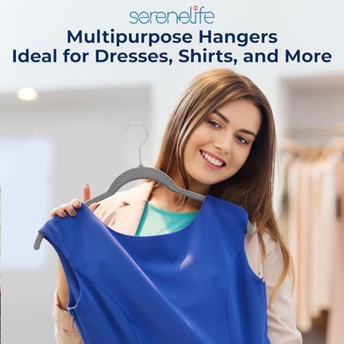SereneLife 100 Pack Shirt Hangers, Heavy Duty Non-Slip Velvet Hangers with 360° Swivel Hooks, Slim Space-Saving Design for Tops, Jackets, Blouses, & Strappy Dresses (Gray) - Image 7