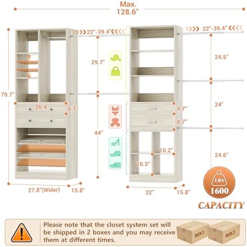 Besiost Closet System, Up to 128.6"/10.7 FT Closet Organizer with 4 Wooden Drawers and Shelves, Walk-in Closet System with 6 Hanging Rods, Built-in Closet Fit 96"/8FT, 120"/10FT, Greige Oak Set 2 - Image 3