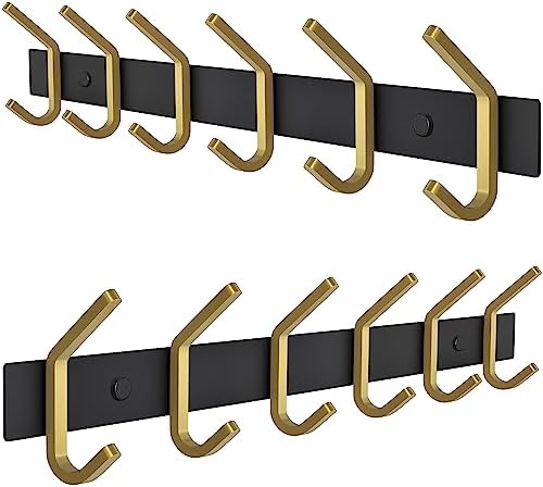 Coat Rack Wall Mount – Black and Gold Hook Rail with 6 Double Coat Hooks, 17 Inch Stainless Steel Wall Hooks for Entryway, Bathroom, Bedroom, Closet, Towel, Hat, Bag, Heavy Duty Organizer - 2 Pack by SAYONEYES