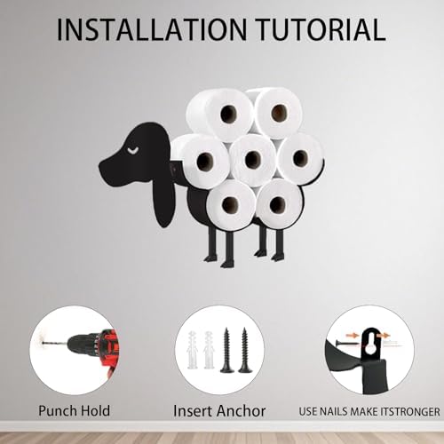 Dog Toilet Tissue Holder,Animal Paper Holders,Decorative Metal Papers Holder,Funny Toilet Animal Storage for Bathrooms,Bathroom Paper Organizer for Extra 8 Rolls Stand & Wall Mounted Art Decor - Image 5