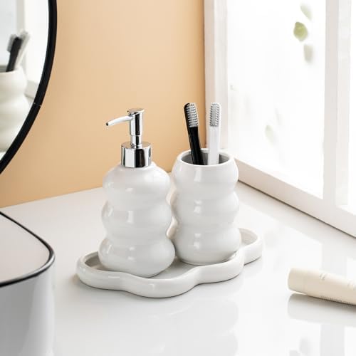 3-Piece White Ceramic Bathroom Accessories Set with Tray, Lotion Dispenser, and Tumbler for a Luxurious Bath Experience - Image 6