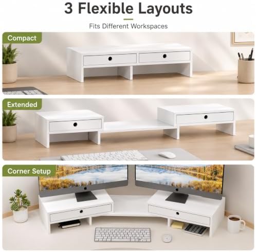 LAPTAIN Monitor Stand Riser, Adjustable Monitor Stand, 2 Drawers, White - Image 3