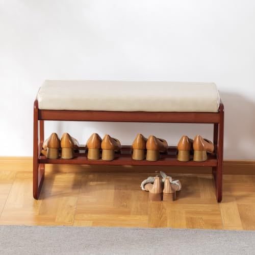 latifolia Solid Wood Bench, Entryway Shoe Bench with Cushion, 2 Tier Shoe Storage Organizer for Hallway, Living Room(Grey,31.50''L) - Image 7