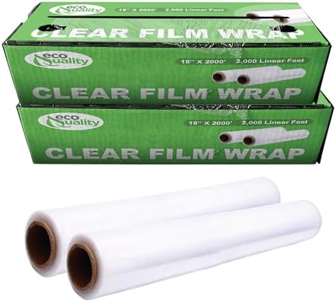 18" x 2000FT Clear Cling PE Food Wrap, Plastic Cling Wrap with Dispenser Cutter Box - BPA Free, Food Safe, Plastic Film Roll, Microwave & Freezer Safe Stretch Wrap for Food Service & Home Use (4) by EcoQuality