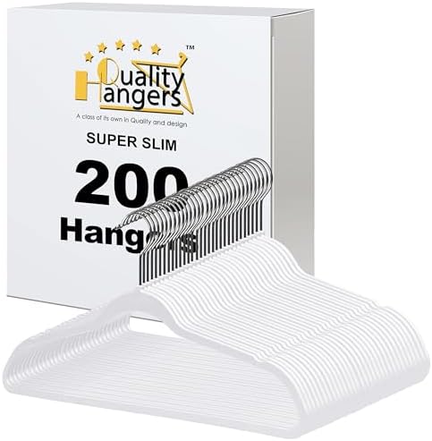 Quality Hangers 200 Pack Slim Plastic Hangers for Clothes - 16.5" Won't Crease Your Clothes, Heavy Duty Non-Velvet White Hangers, 360° Swivel Chrome Hook Dresses Coats Shirts by QualityHangers