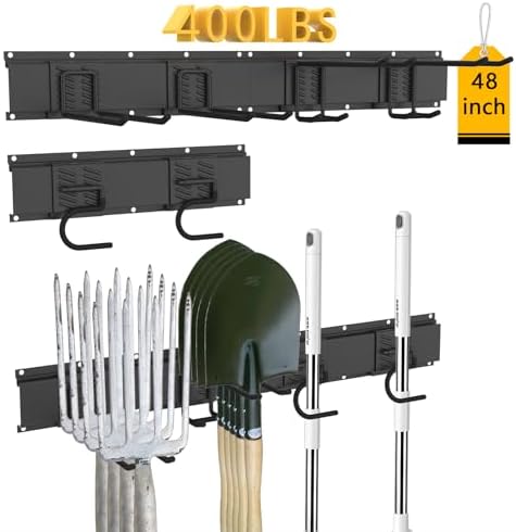 CBWLWJ Garage Tool Organizer Wall Mount, 48 inch Garage Wall Organizer, 400lbs Sturdy Garden Tool Organizer with 6 Adjustable Hooks, for Yard, Shed, Basement, Workshop(Black) - Image 2
