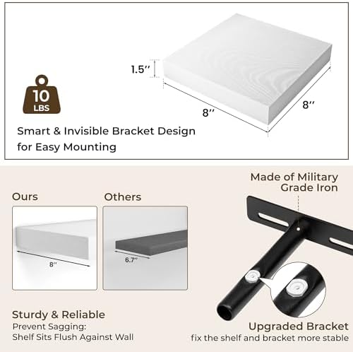 RICHFOCUS 8Inch Square Floating Shelves for Wall 4Pack|White - Image 3