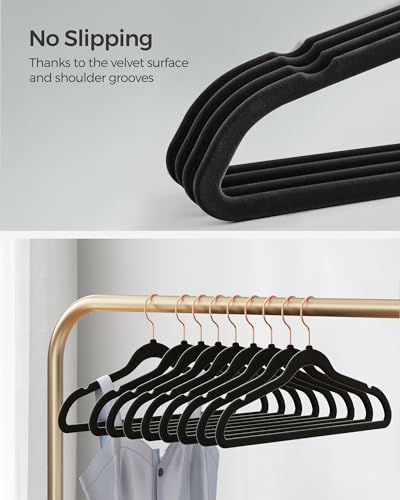 SONGMICS Velvet Hangers 50 Pack, Non-Slip with Rose Gold-Colored Swivel Hooks, Slim Space-Saving for Closet, Heavy-Duty, Black UCRF026B50 - Image 3