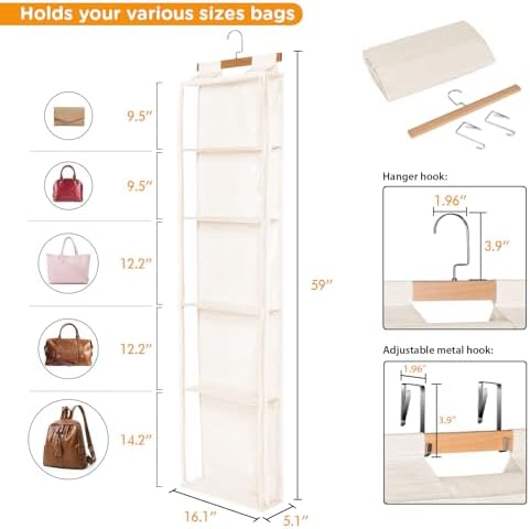 Syeeiex Over the Door Purse Organizer with Zippers, 5 Mesh Shelves, Beige - Image 3