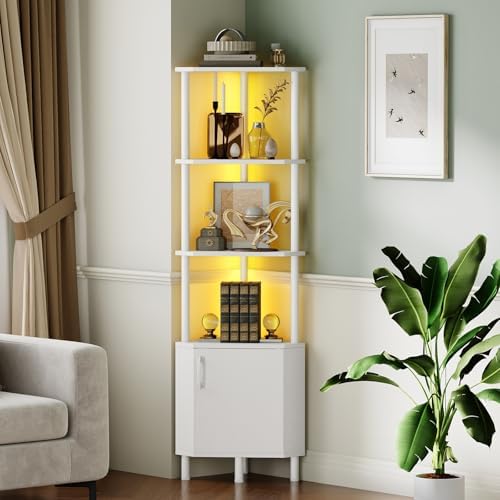 HOOBRO Corner Cabinet with LED Light, Corner Shelf Stand with Storage and Doors, 5-Tier Industrial Corner Bookshelf, 59” Tall Display Rack Shelf, for Living Room, Kitchen, White WT147DCJ01 - Image 3