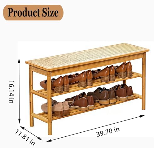 latifolia Shoe Rack Bench, 3-Tier Bamboo Shoe Bench with Breathable Rattan Seat Cushion, Shoe Storage Rack for Entryway(Nautre,39.70''L) - Image 2