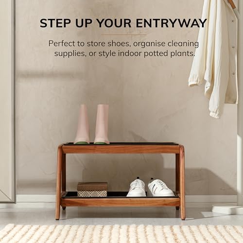 Anji Mountain Heavy Duty Waterproof Wooden Shoe Storage Mat Organizer/Boot Storage Tray Multi Use for Entryway with Coir, Tan and Ivory Insert, 2 Tier, Fits 4 Pair (26.5" Wide) - Image 3