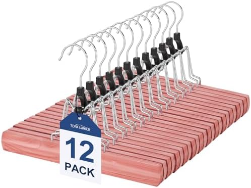 TOPIA HANGER 12 Pack Cedar Pants Hangers, Hair Extension Hangers Non Slip Skirt Hanger Wood Clamp with Velvet Padded 360° Swivel Hook for Jeans, Skirts, Trousers, Wigs CT67C by TOPIAHANGER