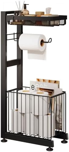 Toilet Paper Holder Stand with Storage Shelf - Multi Tier Metal Toilet Paper Stand with Large Basket for Tissue Rolls, Wipes (Black) by Unknown