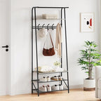 OUTLANE Entryway Hall Tree with 5 Hooks, Shoe Bench & Storage Shelf, Coat Rack Organizer with Wood Accents and Metal Frame for Entryway, Living Room, Bedroom, Gray-Single row - Image 3