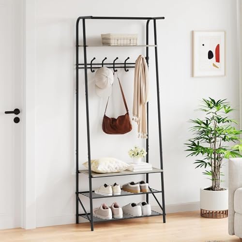 OUTLANE Entryway Hall Tree with 5 Hooks, Shoe Bench & Storage Shelf, Coat Rack Organizer with Wood Accents and Metal Frame for Entryway, Living Room, Bedroom, Gray-Single row - Image 3
