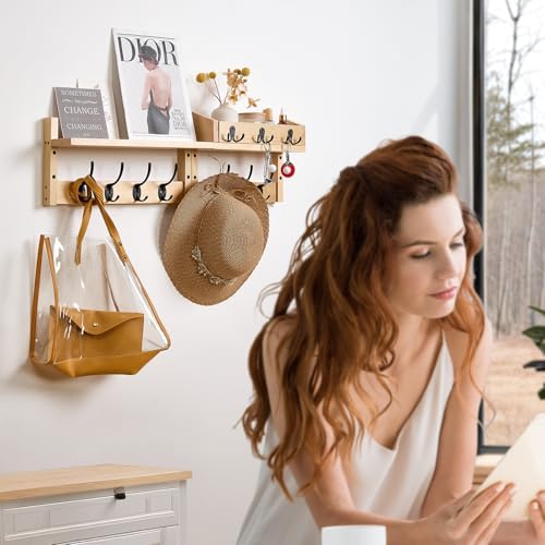 28.9" Wall Hanger Coat Rack Key Holder Wall Mount with Shelf,11Shelf with Coat Hooks Wall Mount, Coat Hangers for Bathroom, Living Room, Bedroom (Wood Color) - Image 6