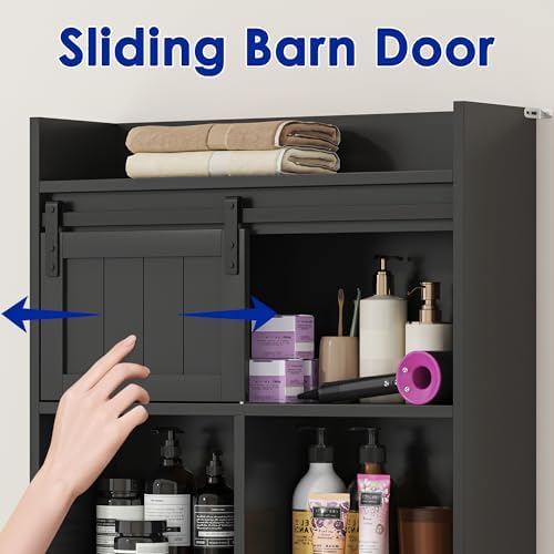 kepptory 30" W Over the Toilet Cabinet with Sliding Barn Door，Black - Image 3