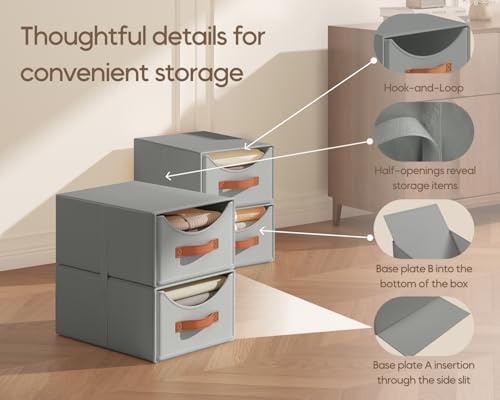 Homsorout Stackable Storage Drawers - Collapsible Storage Bins with Drawers, 4 Pack Closet Shelf Organizer Basket, Fabric Pull Out Organizer for Bedroom, Living Room, Dorm, Grey - Image 6