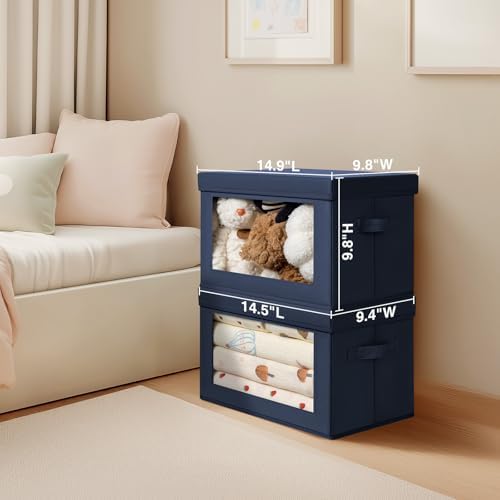 Homsorout Organizing Bins with Lid - 4 Pack Foldable Clear Window Storage Bins, Large Storage Boxes with Handles, Storage Containers for Clothes, Towel, Blanket, Sheet, Navy Blue - Image 2