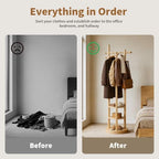 Coat Rack Freestanding, Solid Wood Coat Tree with 6 Hooks and 3 Storage Shelves for Bedroom, Entryway Living Room, Office, Corner Hanger Stand for Purse, Bag, Jacket, Hat - Image 6