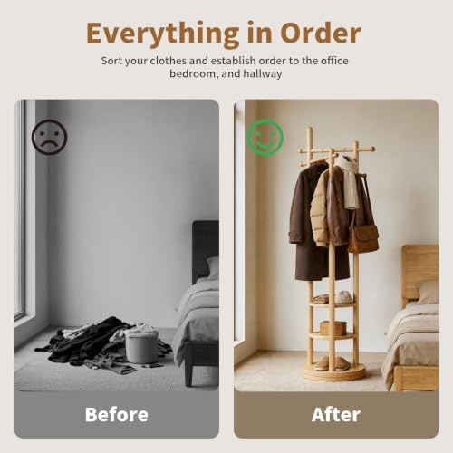 Coat Rack Freestanding, Solid Wood Coat Tree with 6 Hooks and 3 Storage Shelves for Bedroom, Entryway Living Room, Office, Corner Hanger Stand for Purse, Bag, Jacket, Hat - Image 6