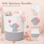 Elephant Baby Laundry Basket for Girl Nursery, Pink Rope Hamper, 20x15 in - Image 2