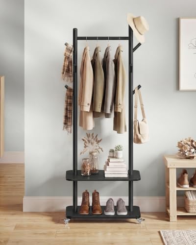 VASAGLE Freestanding Coat Rack with Wheels, 7 Wooden Hooks, 2 Shelves by VASAGLEbySONGMICSHOME