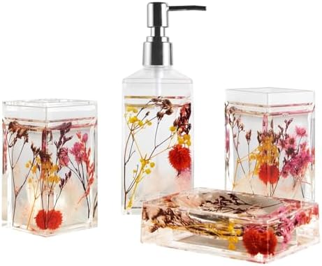 Locco Decor 4 Piece Acrylic Liquid 4D Floating Motion Bathroom Vanity Accessory Set Garden Botanic Pink Plants Toothbrush Holder, Tumbler, Soap Dispenser, Soap Dish by LoccoDecor