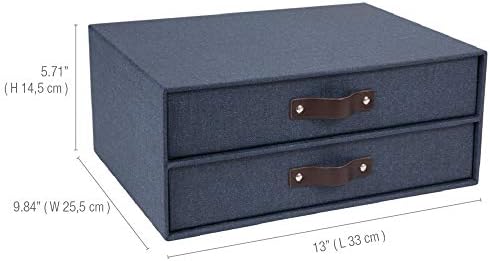 Bigso Birger 2-Drawer Canvas Fiberboard Easy Pull Handle Document Letter Box | Desktop Drawers for Loose Papers and Documents | Desktop Storage Drawers with Leather Handles | 13.1” x 10” x 5.7” | Blue - Image 3