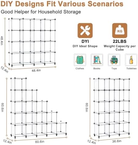 Neprock 16 Cubby Storage Organizer, Closet Clothes Storage Organizer, Cube Shelves Closet Organizers and Storage Shelves for Clothing Storage with Hammer, Bookshelf for Kids（Transparent） - Image 3