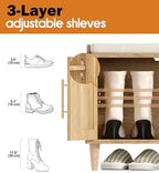 Akxomel 39.4" Rattan Shoe Storage Bench 2 Doors Wooden Entryway Bench Oak - Image 4