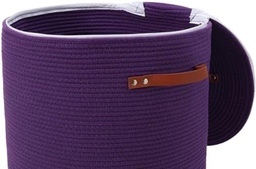 16"x20" Extra Large Cotton Rope Basket with Zipper Lid, Woven Laundry Hamper and Blanket Storage Basket, Round Clothes Bin for Living Room Bedroom, Purple - Image 3