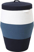 26"x20" Extra Large Tall Woven Laundry Basket with Lid, Cotton Rope Blanket Storage Basket, Freestanding Decorative Bin for Bedroom Living Room, White Denim & Navy by Cottonphant
