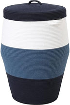26"x20" Extra Large Tall Woven Laundry Basket with Lid, Cotton Rope Blanket Storage Basket, Freestanding Decorative Bin for Bedroom Living Room, White Denim & Navy by Cottonphant