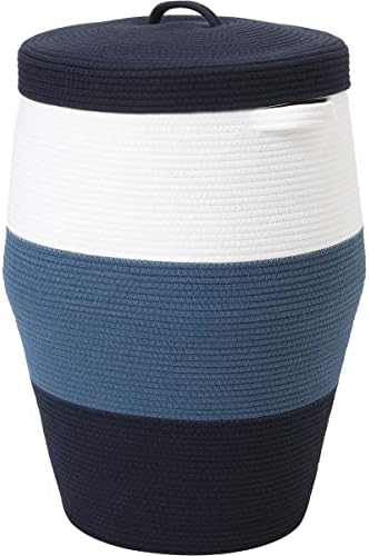 26"x20" Extra Large Tall Woven Laundry Basket with Lid, Cotton Rope Blanket Storage Basket, Freestanding Decorative Bin for Bedroom Living Room, White Denim & Navy by Cottonphant