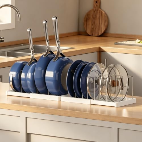 Magheo 1 Pack Expandable Food Storage Container Lid Organizers, 31.3" Pots and Pans Organizer Under Cabinet with 12 Adjustable Dividers Pot and Pan Lid Holders Rack Inside Cabinet(White) by MAGHEO