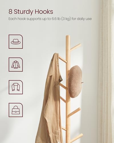 VASAGLE Solid Wood Coat Rack, Free Standing, Tree-Shaped, with 8 Hooks - Image 3