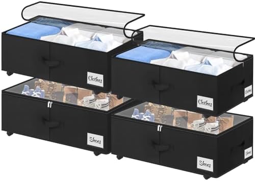 Under Bed Storage with Wheels, 4-Pack 10" Height XXL 75L Rolling Storage Bins, Quick Assembly Underbed Shoe Storage Containers with Clear Lid & Label, Dorm Under Bed Drawers for Clothes, Shoes, Black by KUKIKAN
