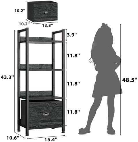 Furologee 4 Tier Bookshelf with Drawer, Small Narrow Bookcase, Black Oak - Image 3