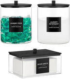 Glass Jars and Acrylic Dryer Sheet Holder, Laundry Pods Container with Bamboo Lid and 27 Labels, Powder Detergent Containers for Laundry Room Organization, Storage Jars Set (3 Pack, Black) by TIPGO