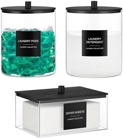 Glass Jars and Acrylic Dryer Sheet Holder, Laundry Pods Container with Bamboo Lid and 27 Labels, Powder Detergent Containers for Laundry Room Organization, Storage Jars Set (3 Pack, Black) by TIPGO