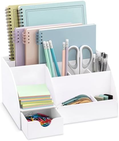 White Desktop Organizer - 9 Compartment Office Desk Accessories Organizer - Pen Holder by MySpaceOrganizers