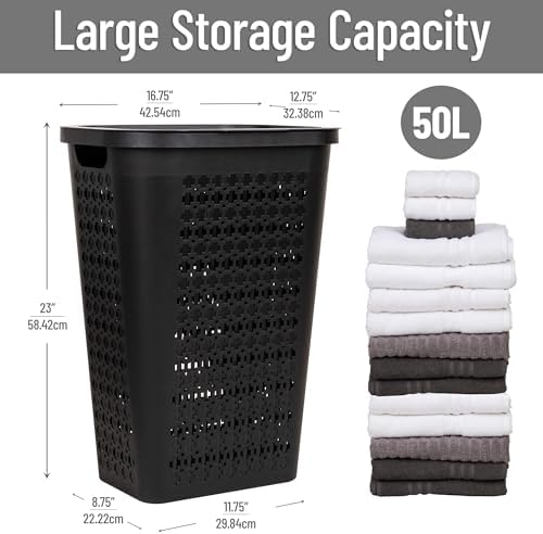 Mind Reader Slim Tapered Laundry Hampers with Lid, Clothes Basket with Swiss Cross Cut-Outs, Lightweight & Ventilated, Plastic, Set of 2, Black - Image 3