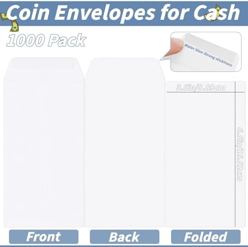 1000 Pcs Money Envelopes for Cash 3.5x6.5in White Coin Envelopes Small Cash Envelopes with Gummed Flaps for Money Saving Challenge Small Item Organizer Coins Tickets Tips Parts Seed Storage - Image 2