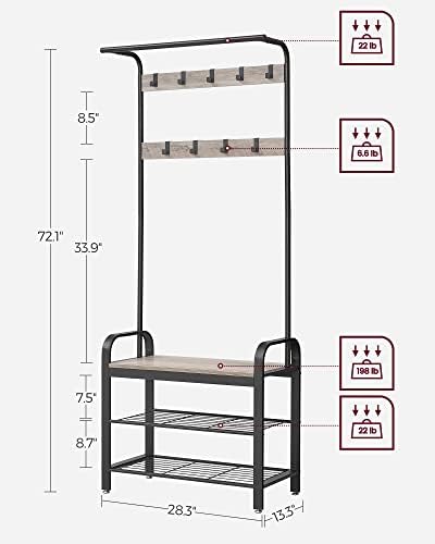VASAGLE Coat Rack, Hall Tree with Shoe Bench, 4-in-1, 9 Removable Hooks - Image 5