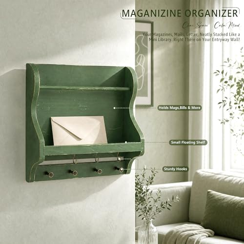 Pine Wood Mail Organizer Wall Mount with 7 Key Hooks for Room Decor, Green - Image 4