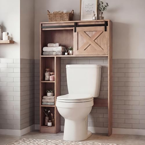 GIANTEX Over The Toilet Storage Cabinet - Freestanding Bathroom Organizer with Sliding Barn Door & Storage Shelves, Multifunctional Bathroom Toilet Rack for Bathroom, Restroom, Laundry (Rustic Brown) - Image 2